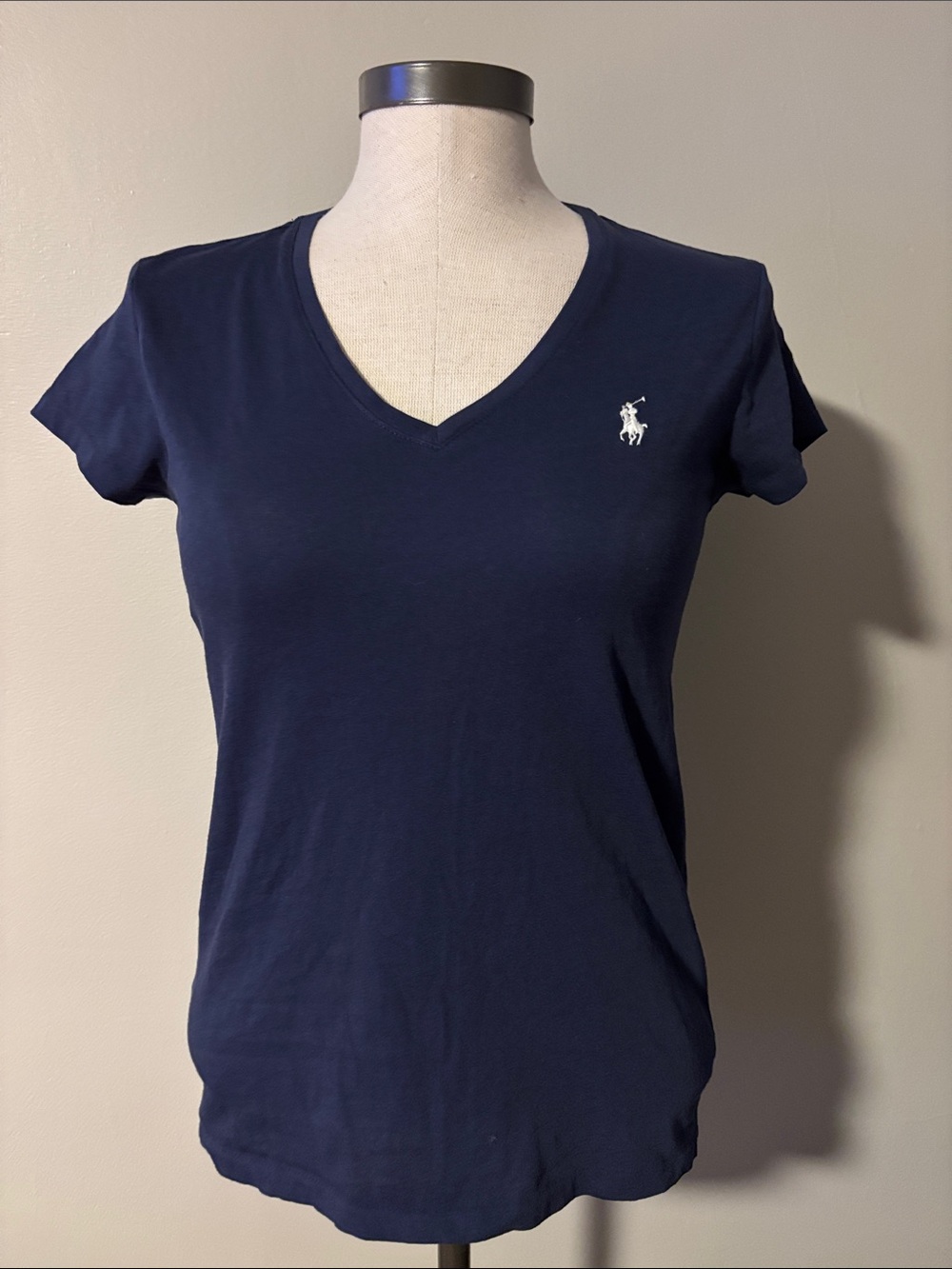 Ralph Lauren Navy V-Neck Polo Tee with White Logo